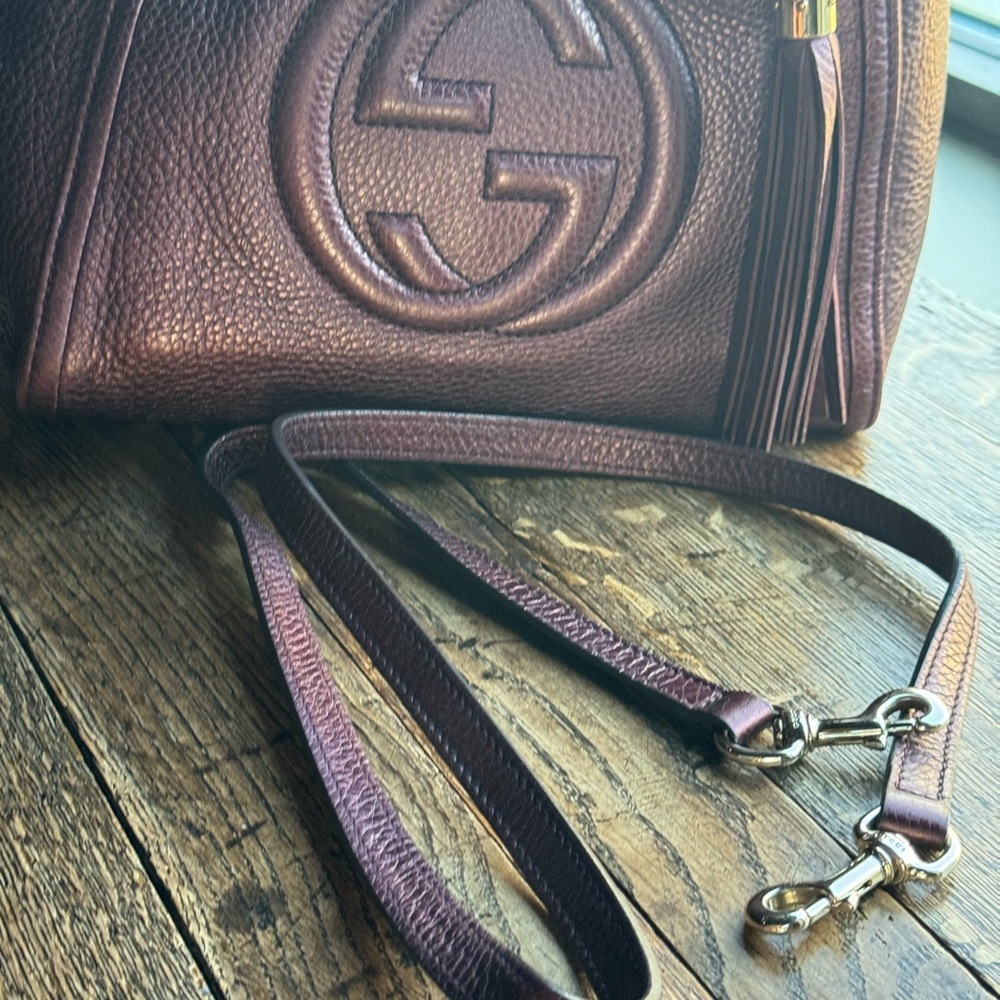 Gucci Pebbled Leather Satchel in Deep Burgundy with Tassel - Picture 8 of 12